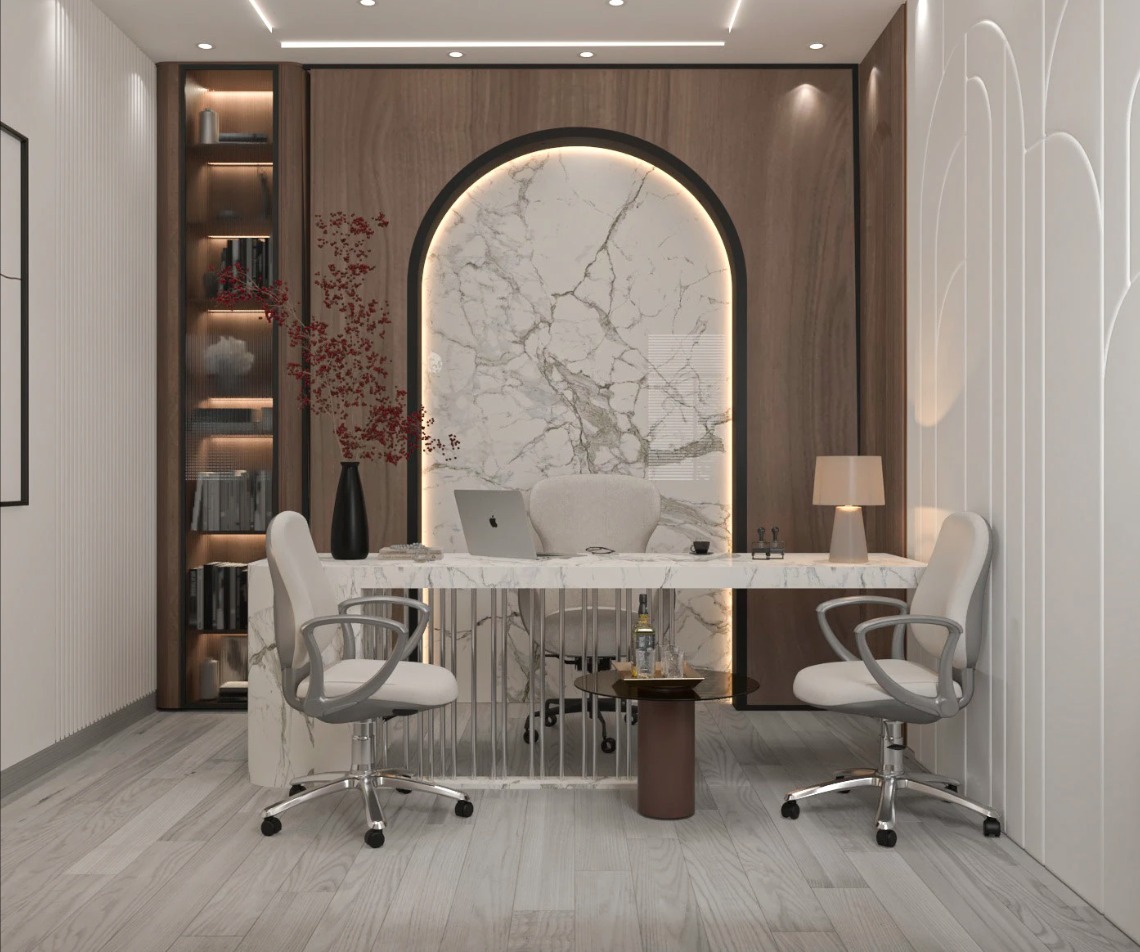 Luxury Office with Marble Desk and Wood Paneling